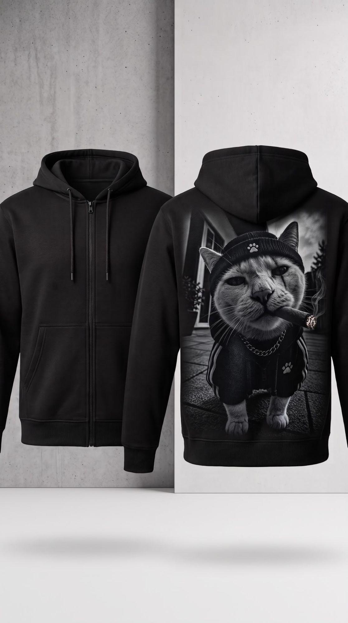 Black zip hoodie, front and back, with a cat print on the back