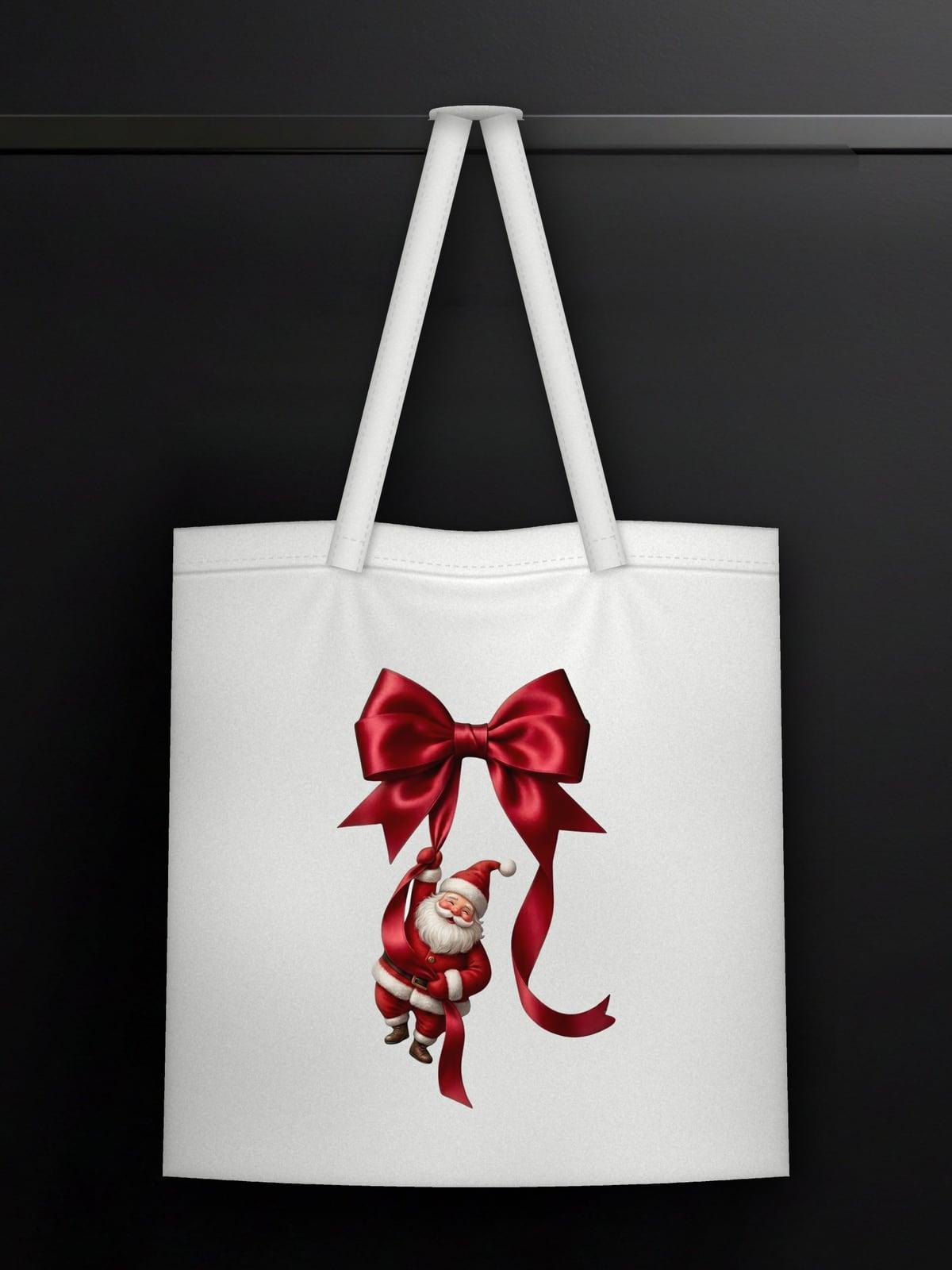 White tote bag with Santa hanging from a red satin bow