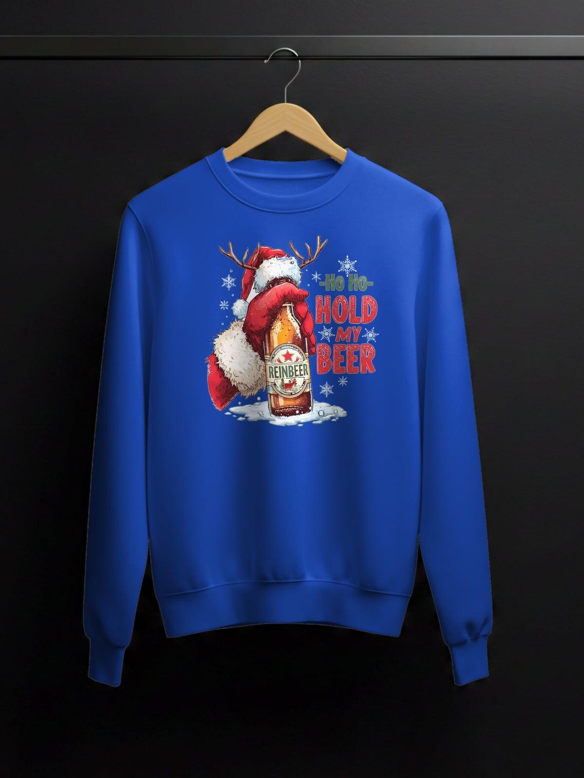Blue sweatshirt with a Ho Ho Hold My Beer Santa print