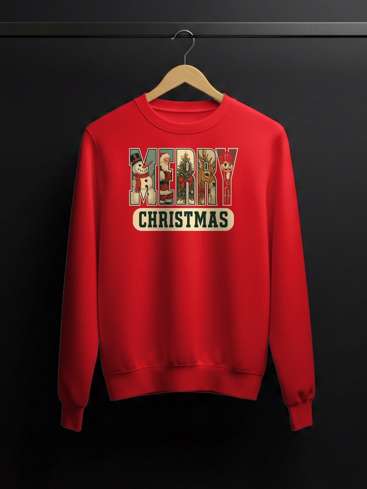 Red sweatshirt with a vintage MERRY CHRISTMAS lettering print