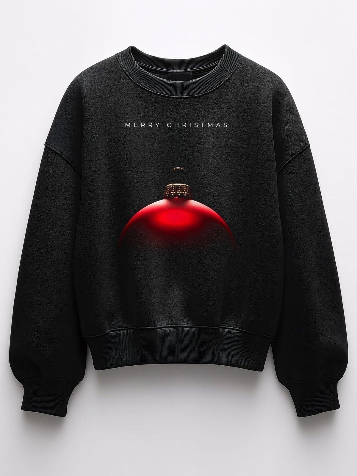 Black sweatshirt with a single red Christmas bauble and small Merry Christmas text