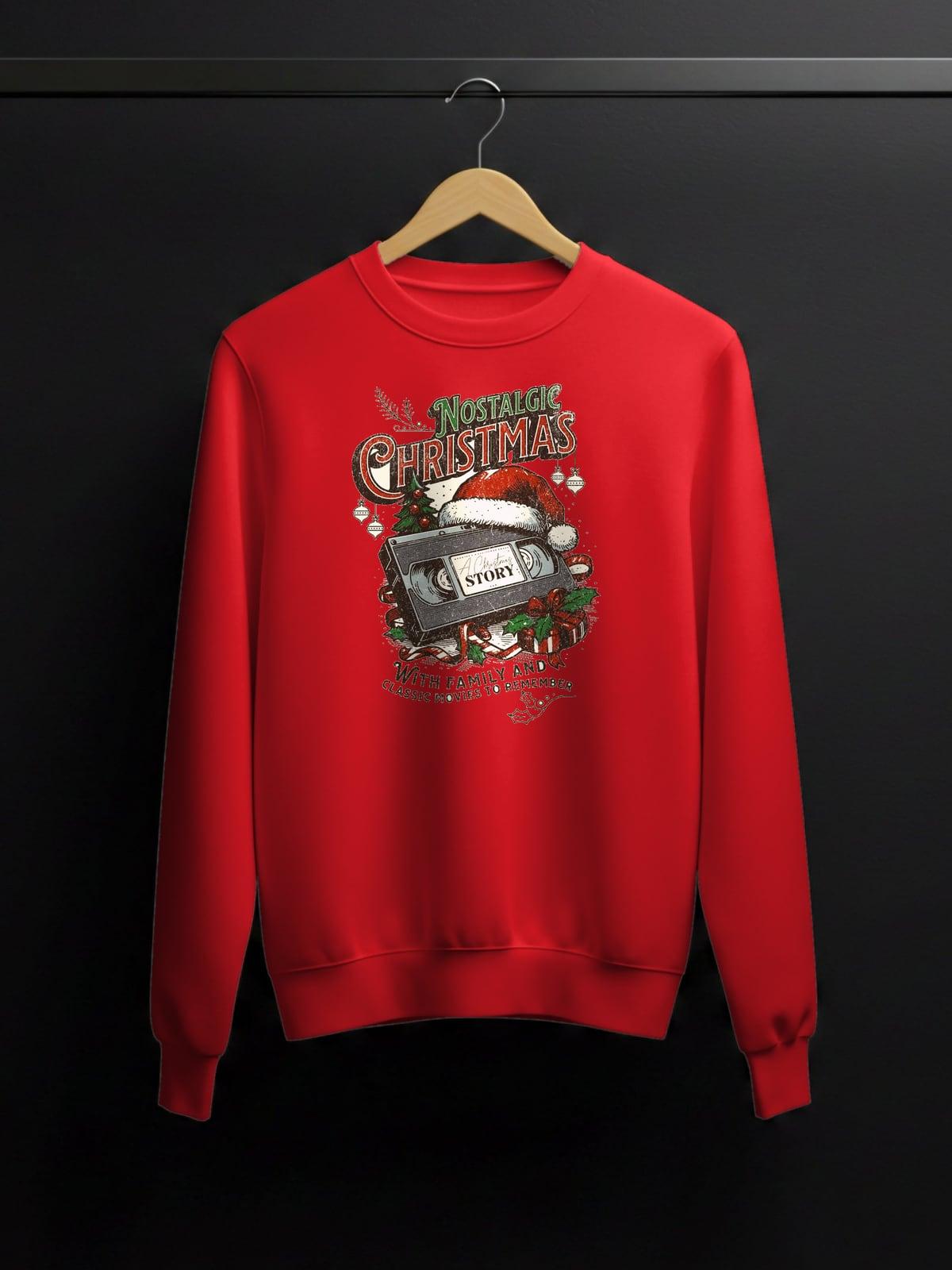 Red sweatshirt with a retro Christmas video tape print