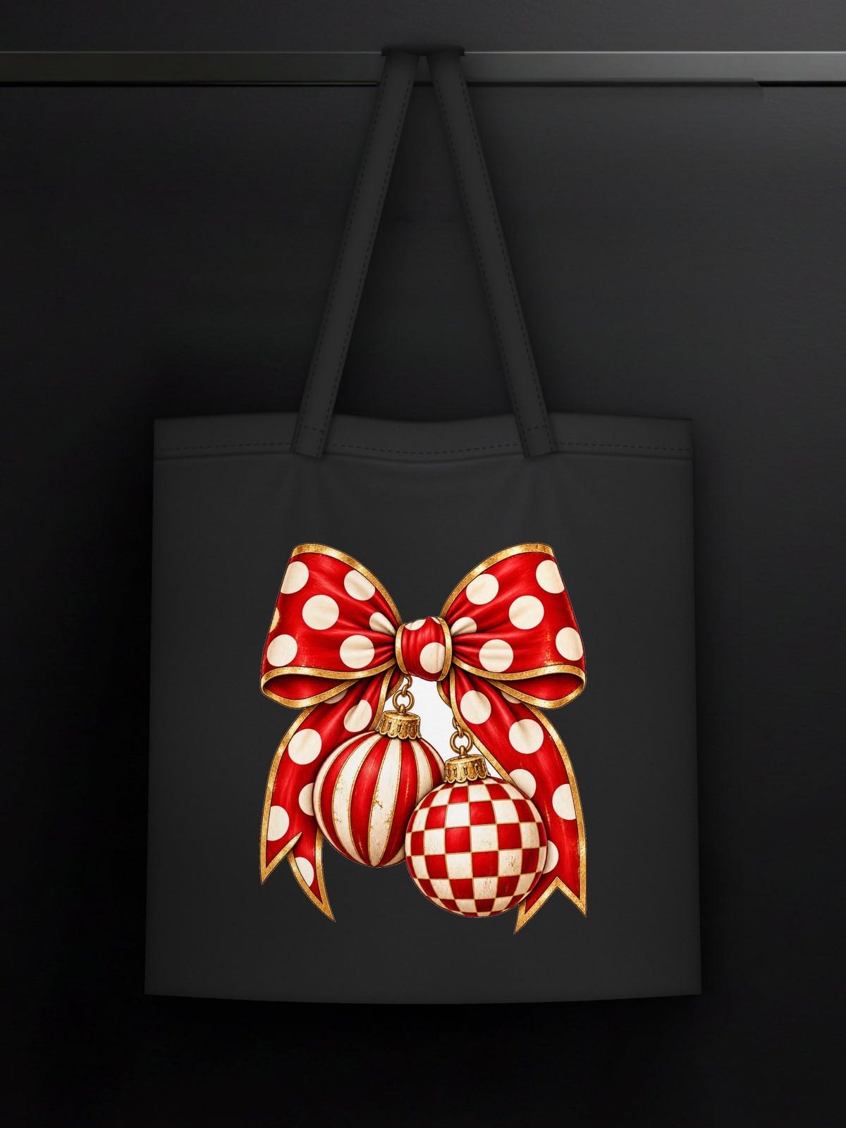 Black tote bag with a polka-dot bow and two Christmas baubles