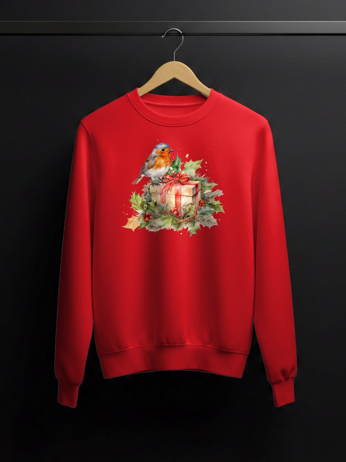 Red sweatshirt with a watercolor robin sitting on a gift