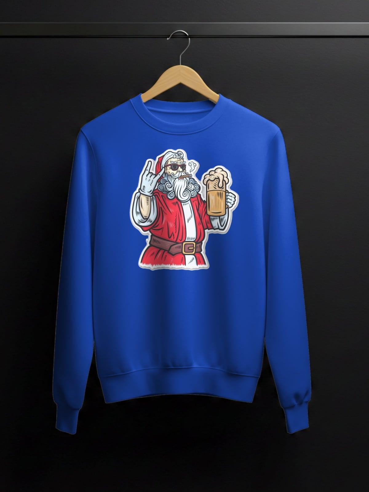 Blue sweatshirt with a rock-and-roll Santa holding a beer
