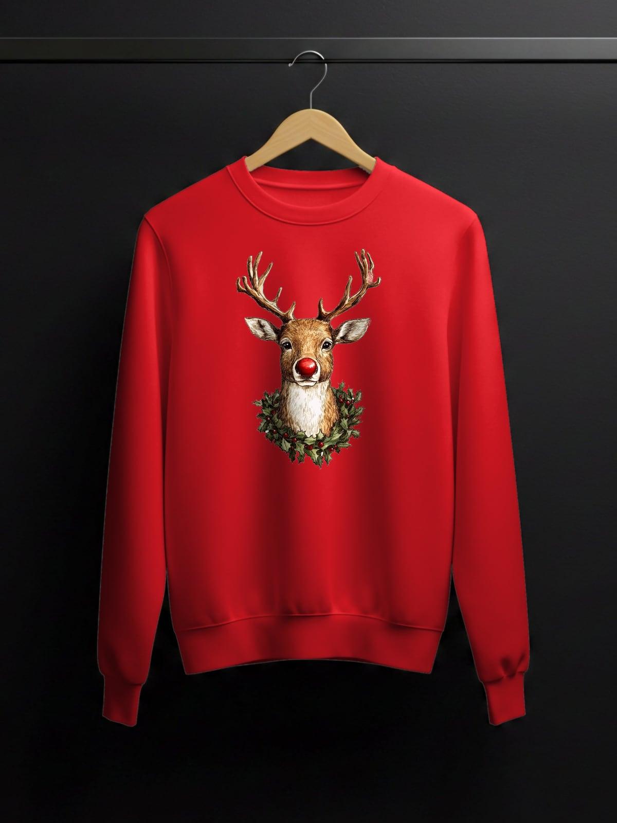 Red sweatshirt with a reindeer in a holly wreath
