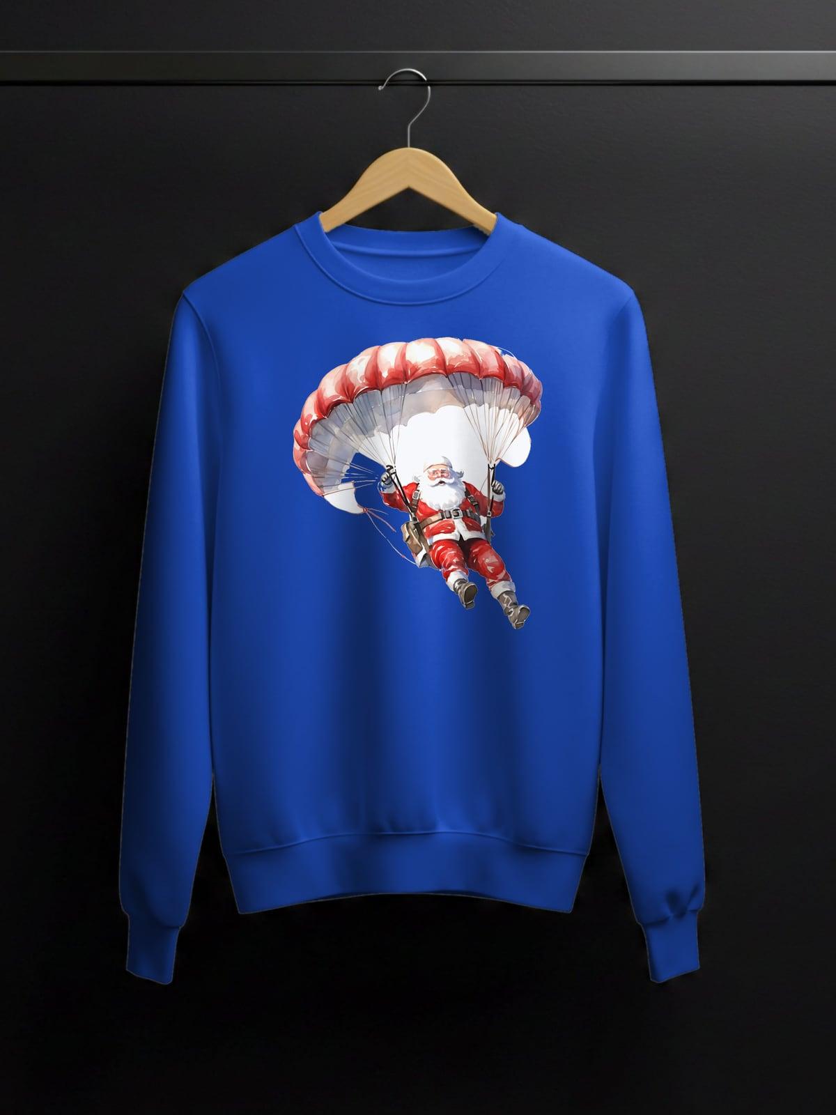 Blue sweatshirt with Santa coming down on a parachute