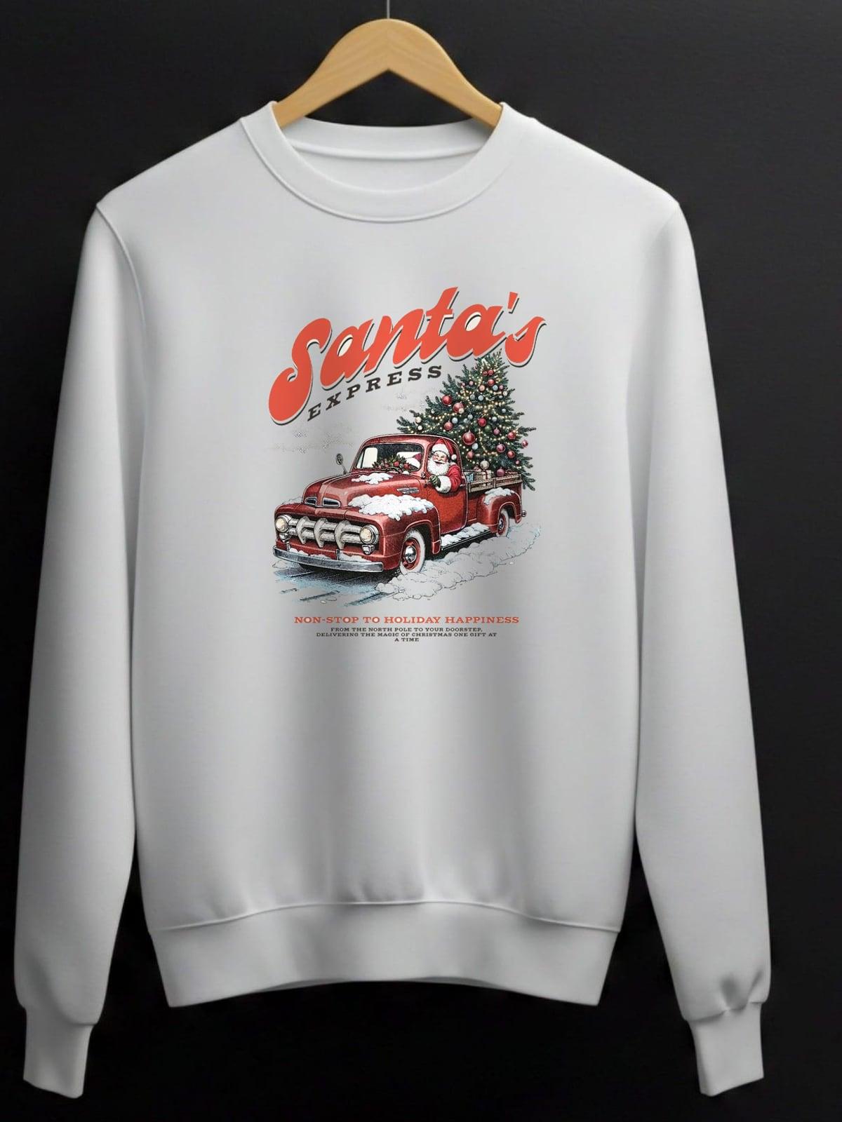 White sweatshirt with a retro Santa's Express truck print