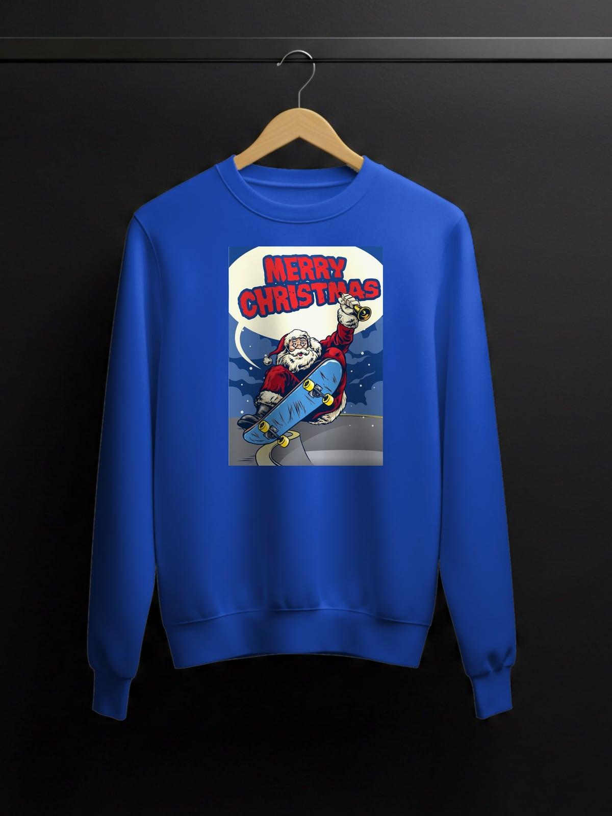 Blue sweatshirt with a comic-style Santa on a skateboard