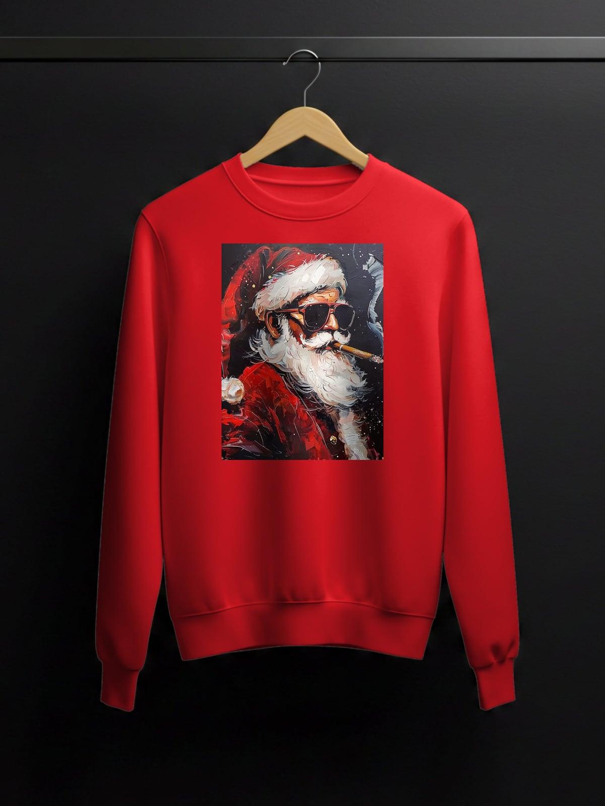 Red sweatshirt with a painted Santa in sunglasses smoking a cigar