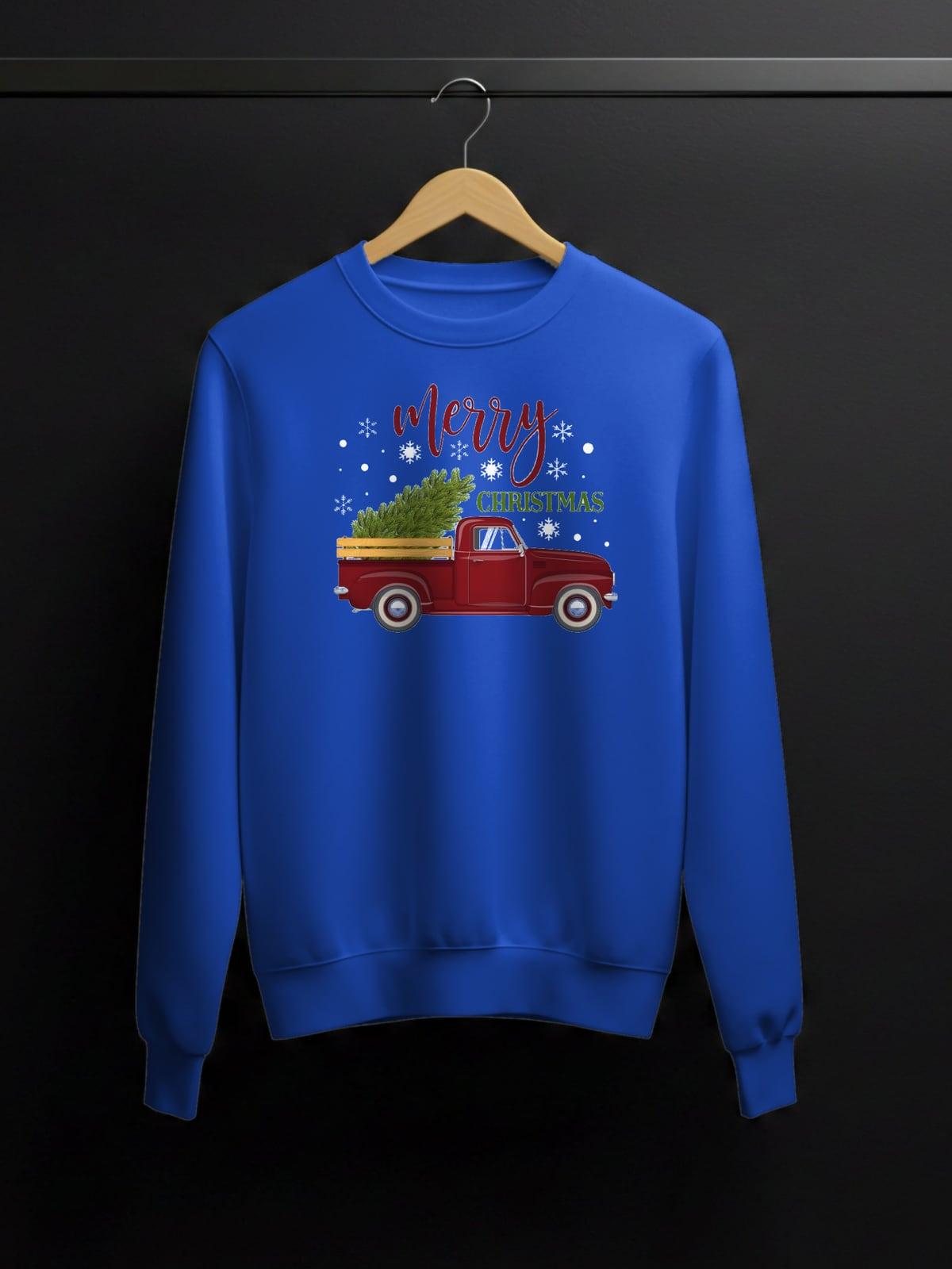Blue sweatshirt with a red pickup truck carrying a Christmas tree