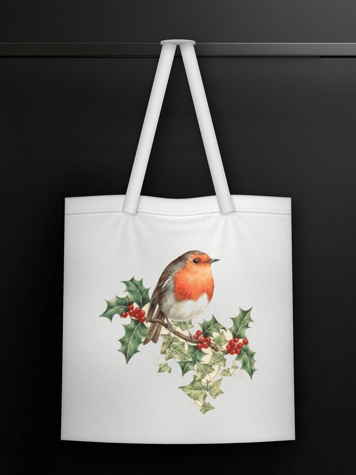 White tote bag with a watercolor robin on holly