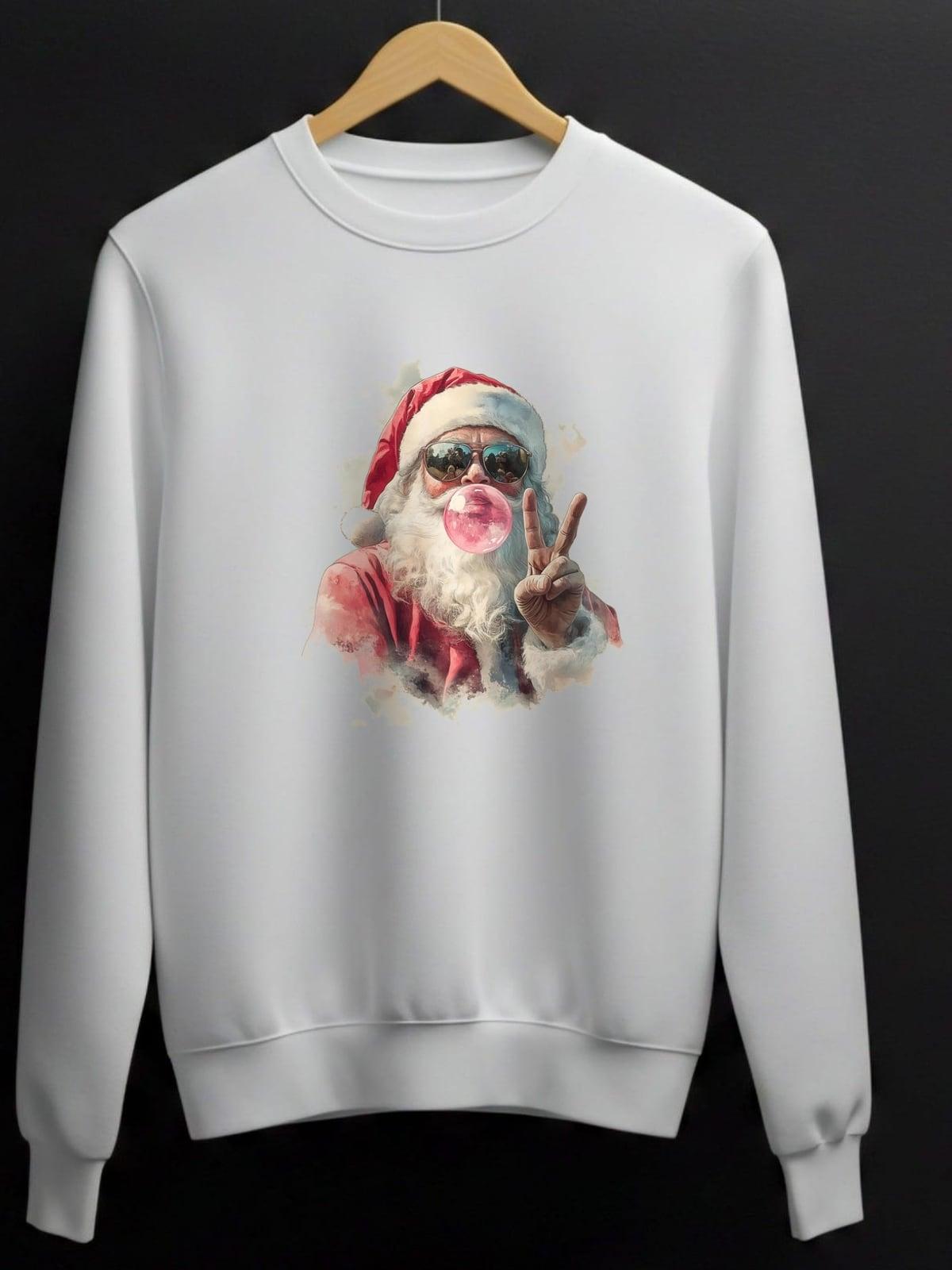 White sweatshirt with a watercolor Santa blowing a bubblegum bubble