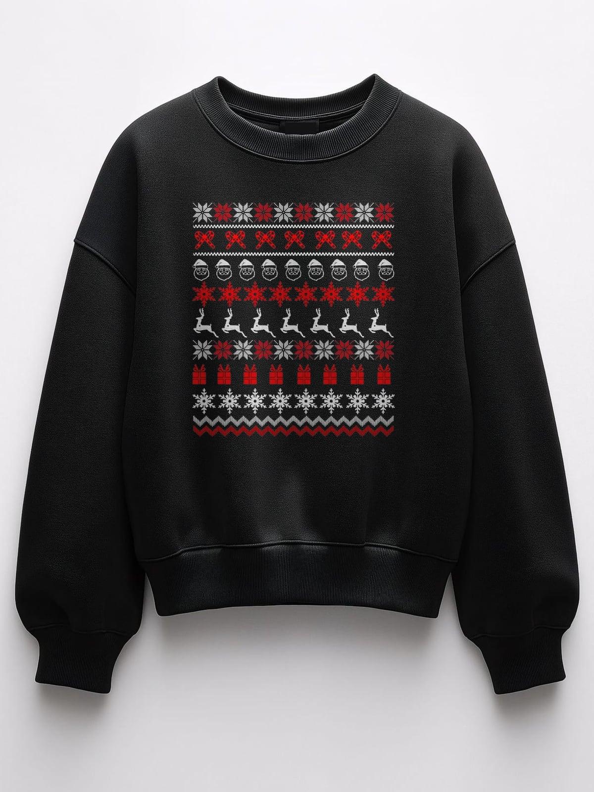 Black sweatshirt with a red and white Christmas knit pattern