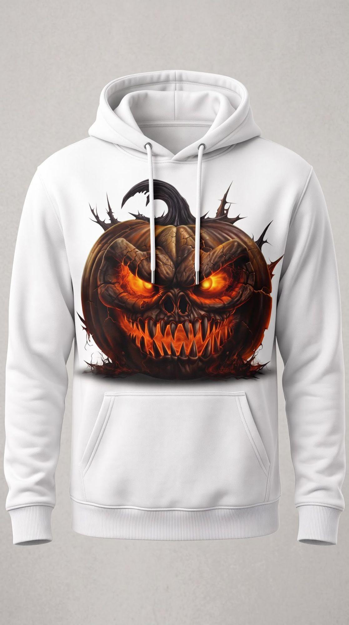 White hoodie with a fanged, glowing pumpkin print